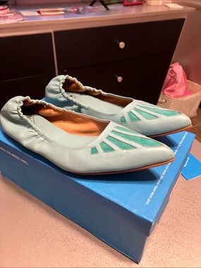 John Fluevog turquoise Presence Elastic Flat